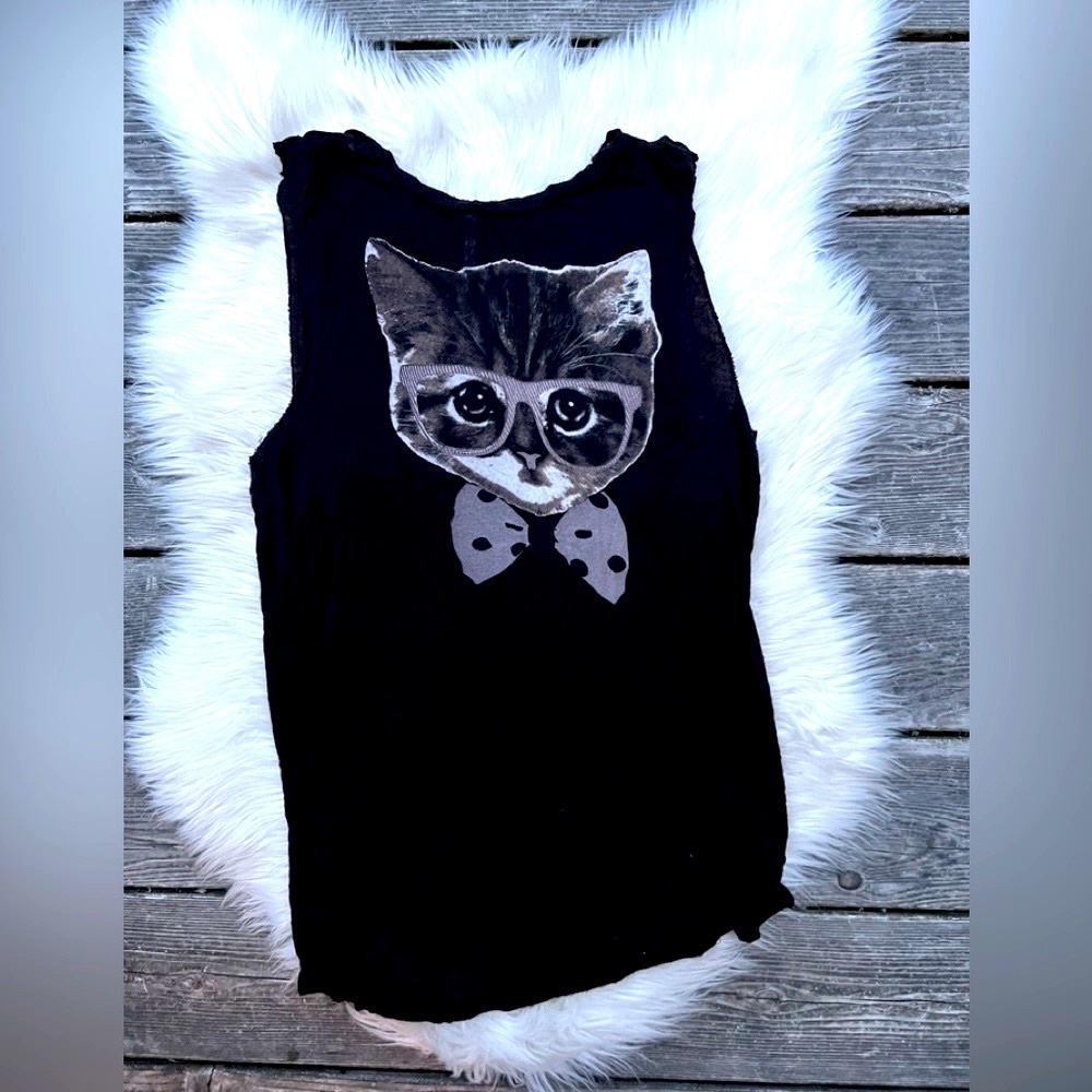 Black Smarty Cat Kitty Graphic Muscle Tank Sleeveless Top Shirt